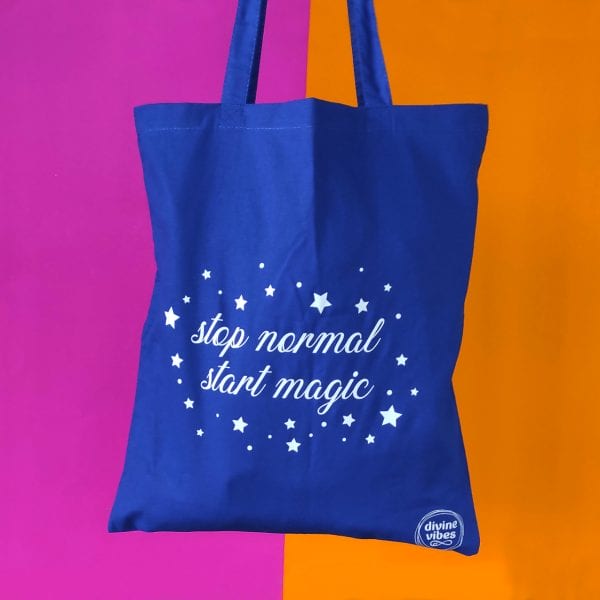 Τσάντα για Ψώνια Μπλε με Μακριές Λαβές “Stop Normal Start Magic” - Divine Vibes